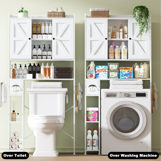 Stylish 32"W Over-the-Toilet Storage Cabinet - Metal Frame, 7 Adjustable Shelves & Paper Holder - Perfect Bathroom Organizer in White