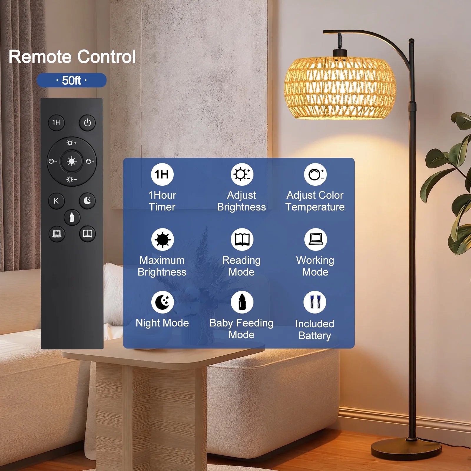 70-Inch Dimmable Arc Floor Lamp with Remote control  and Fabric Double Drum Shade