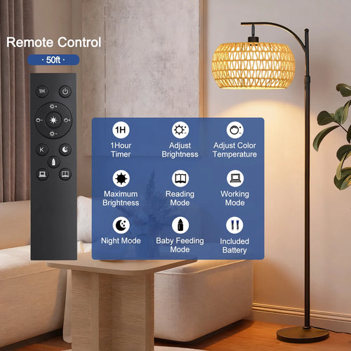 70-Inch Dimmable Arc Floor Lamp with Remote control  and Fabric Double Drum Shade