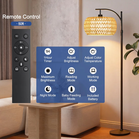 70-Inch Dimmable Arc Floor Lamp with Remote control  and Fabric Double Drum Shade