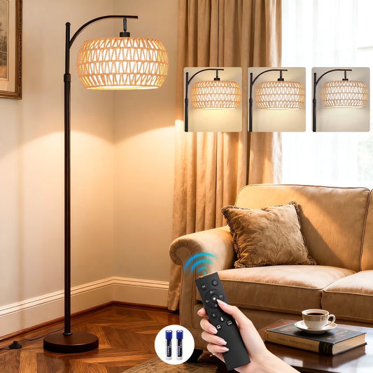 70-Inch Dimmable Arc Floor Lamp with Remote control  and Fabric Double Drum Shade