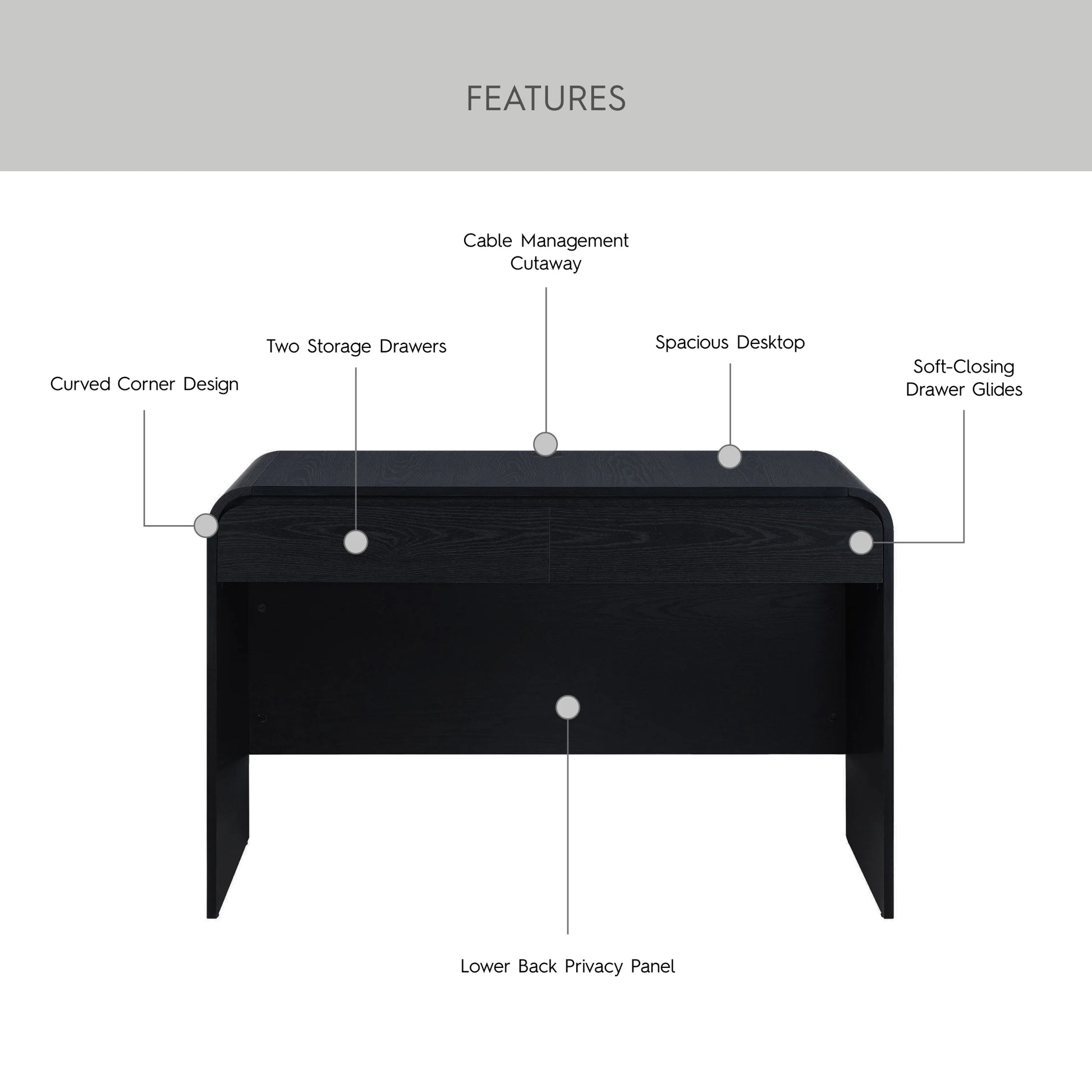 Juliet Curved Desk with Storage, Black Finish
