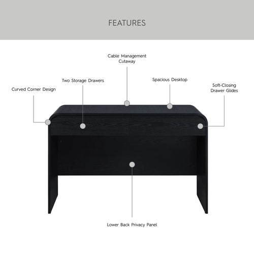 Juliet Curved Desk with Storage, Black Finish