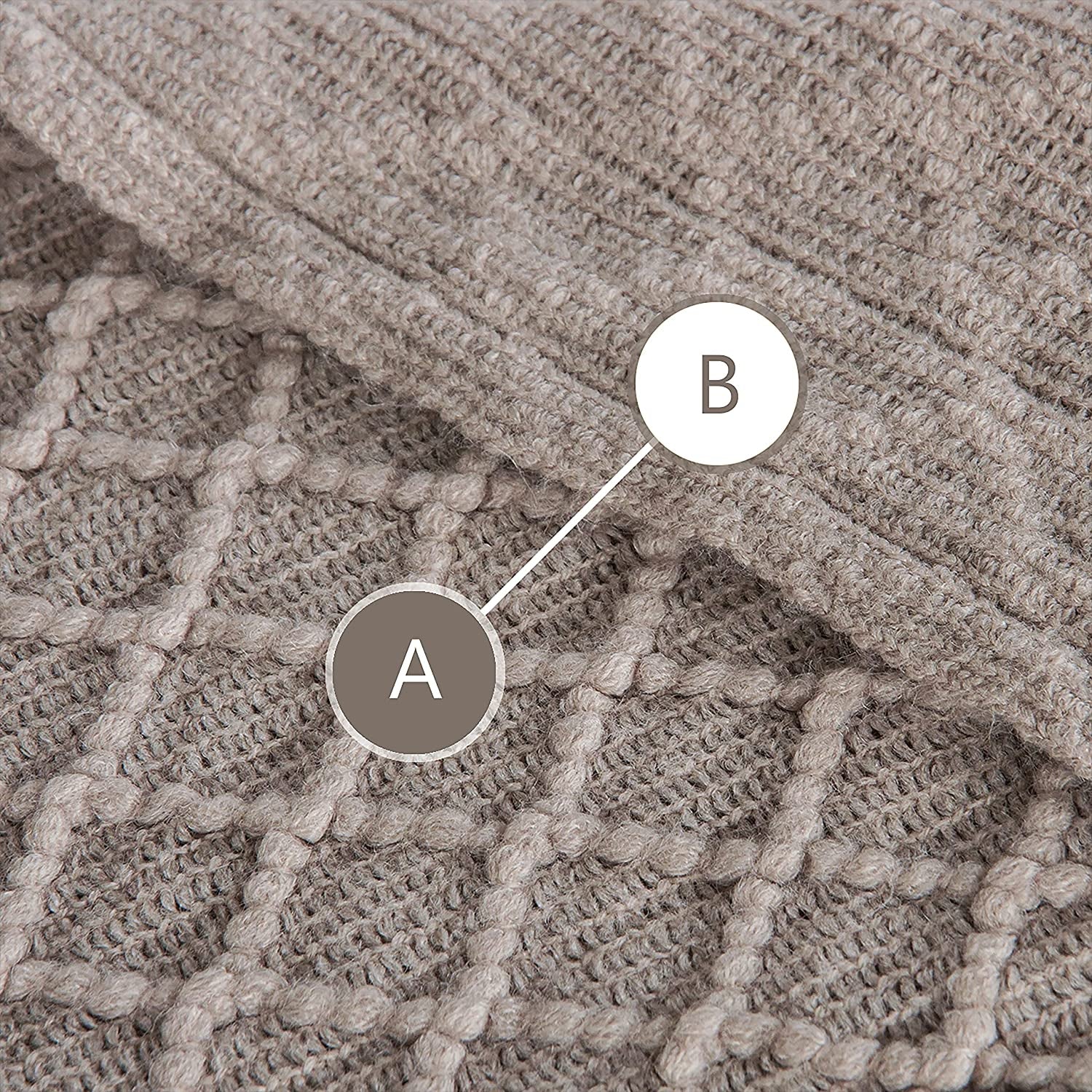 Lightweight Acrylic Knitted Throw Blanket with Tassels - Soft and Cozy Decorative Woven Blanket for Travel, Couch, Bed, and Sofa, 51x67 Inches, Taupe Checkered Design