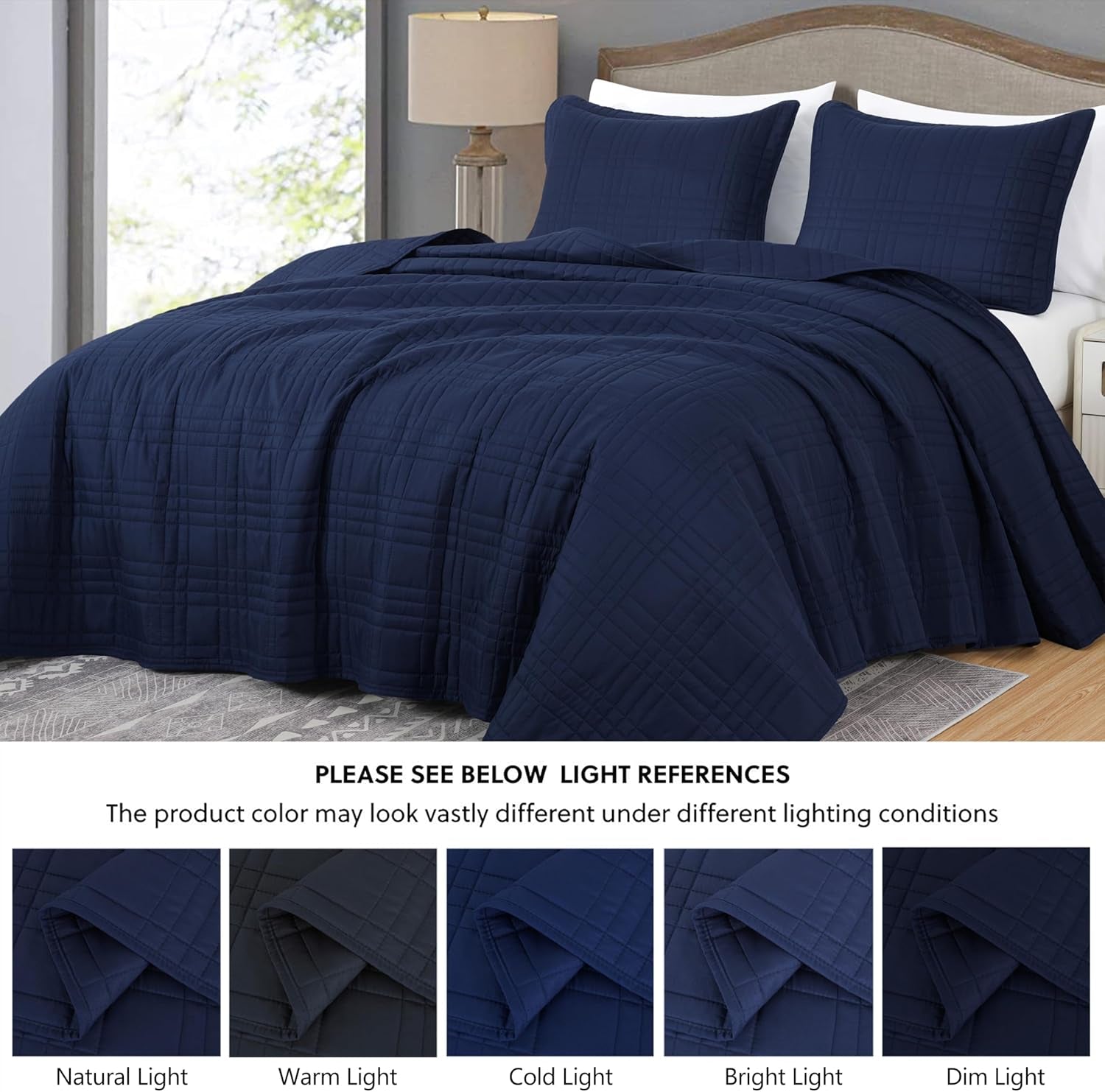 Kingston Oversized Quilted Microfiber Bedspread Set, 3-Piece Navy Queen Size Coverlet (100" x 106") for All Seasons