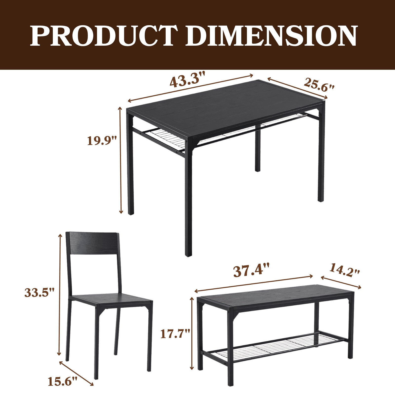 4 Pcs Dining Table Set, Dinning Set for 4 with 2 Chairs and Bench, Dinner Table with Storage Rack, Nesting Furniture Set for Dining Room, Restaurant, Black Wood