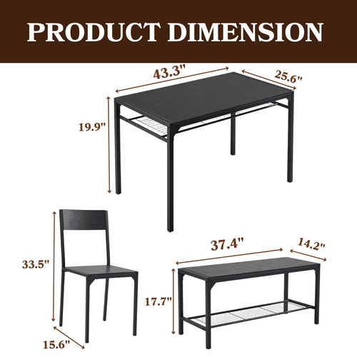 4 Pcs Dining Table Set, Dinning Set for 4 with 2 Chairs and Bench, Dinner Table with Storage Rack, Nesting Furniture Set for Dining Room, Restaurant, Black Wood