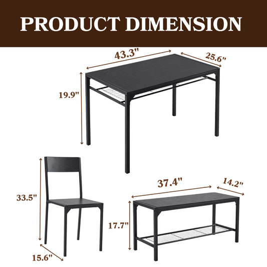 4 Pcs Dining Table Set, Dinning Set for 4 with 2 Chairs and Bench, Dinner Table with Storage Rack, Nesting Furniture Set for Dining Room, Restaurant, Black Wood
