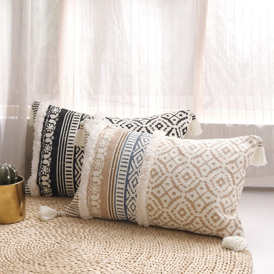 Bohemian Lumbar Decorative Pillow Cover for Couch and Sofa - Modern Moroccan Design with Tassels, Stylish Farmhouse Pillowcase for Bedroom, Living Room, Car, and Hotel, 12 x 20 Inches, Khaki