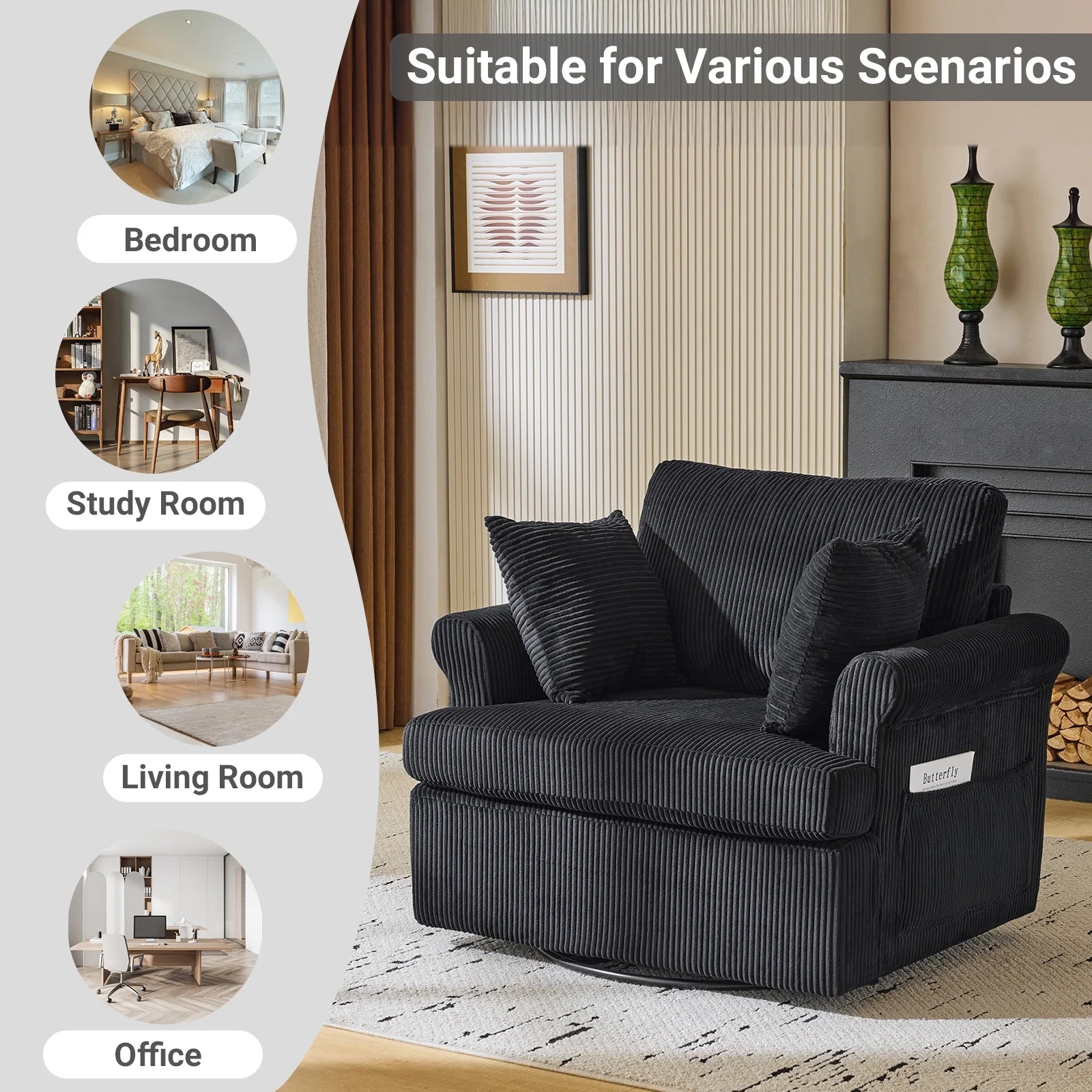 Swivel Accent Chair, 360-Degree Rotation Reading Chair, Corduroy Fabric Sofa with Armrest Pockets, Solid Metal Base, Perfect for Living Room Bedroom Black