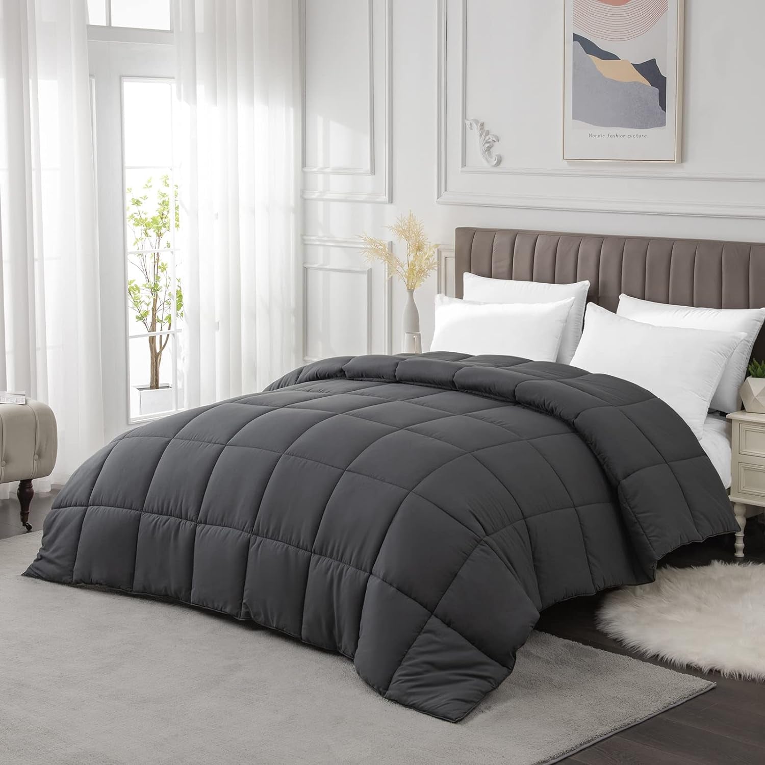 Twin Size All-Season Dark Grey Comforter Duvet Insert - Quilted Down Alternative Bedding with Corner Tabs - Soft and Fluffy, Machine Washable