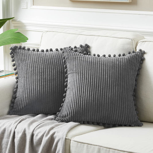Dark Gray 18x18 Inch Decorative Throw Pillow Covers with Pom Poms, Boho Farmhouse Accent Cushions in Soft Corduroy for Living Room, Couch, and Bed (45x45 cm)