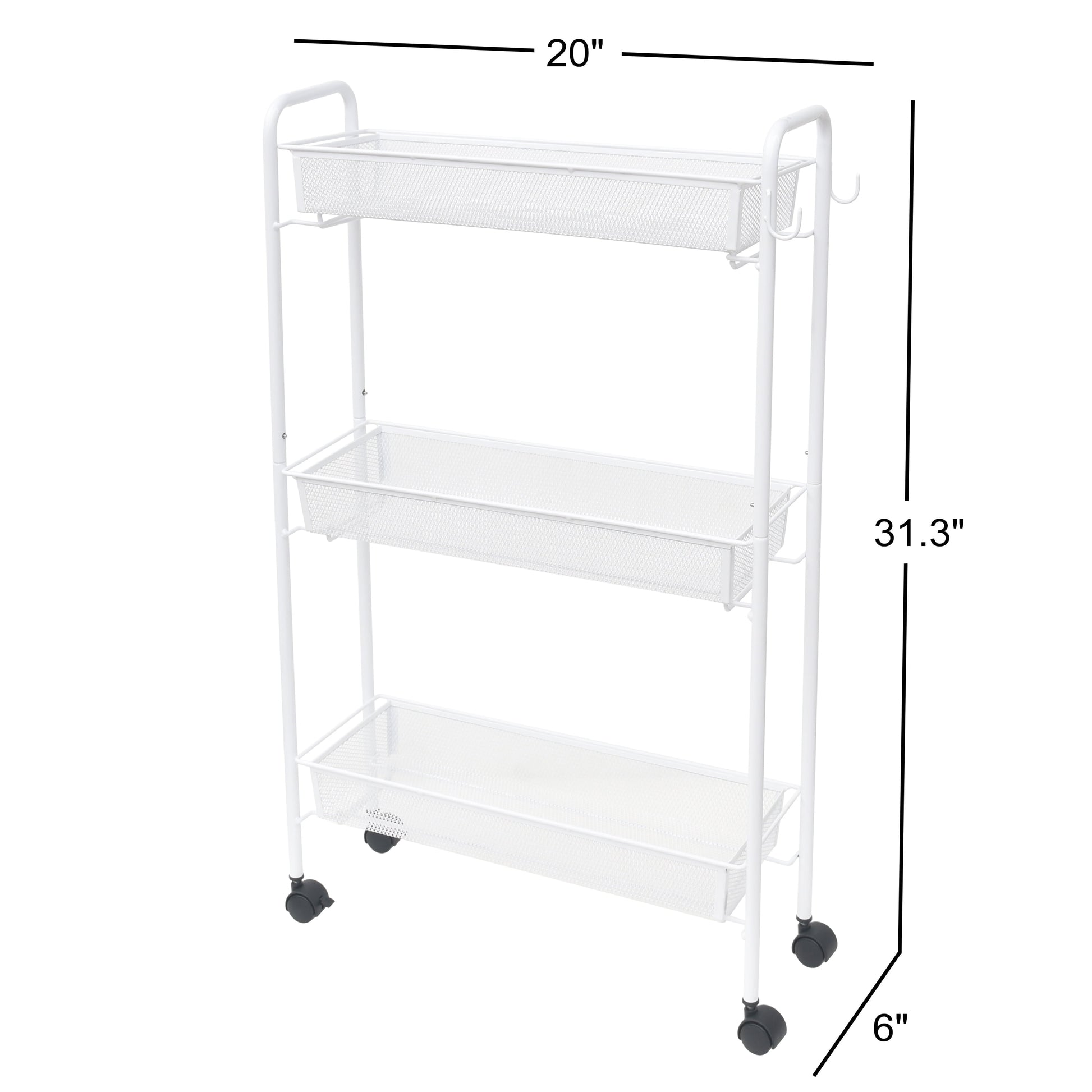 Sleek 3-Tier White Rolling Bathroom Storage Cart with Hooks - Maximize Your Space!