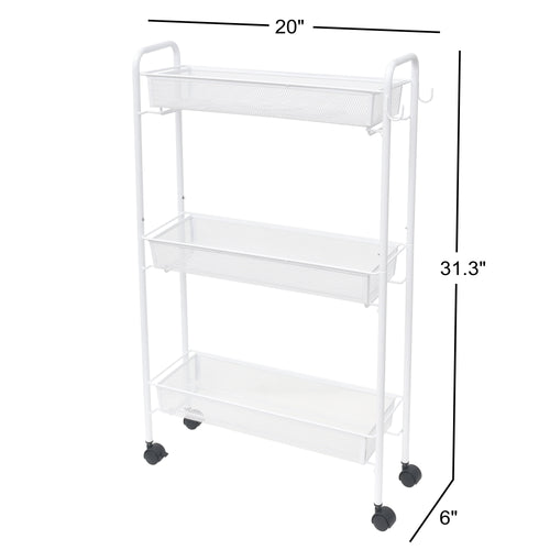 Sleek 3-Tier White Rolling Bathroom Storage Cart with Hooks - Maximize Your Space!