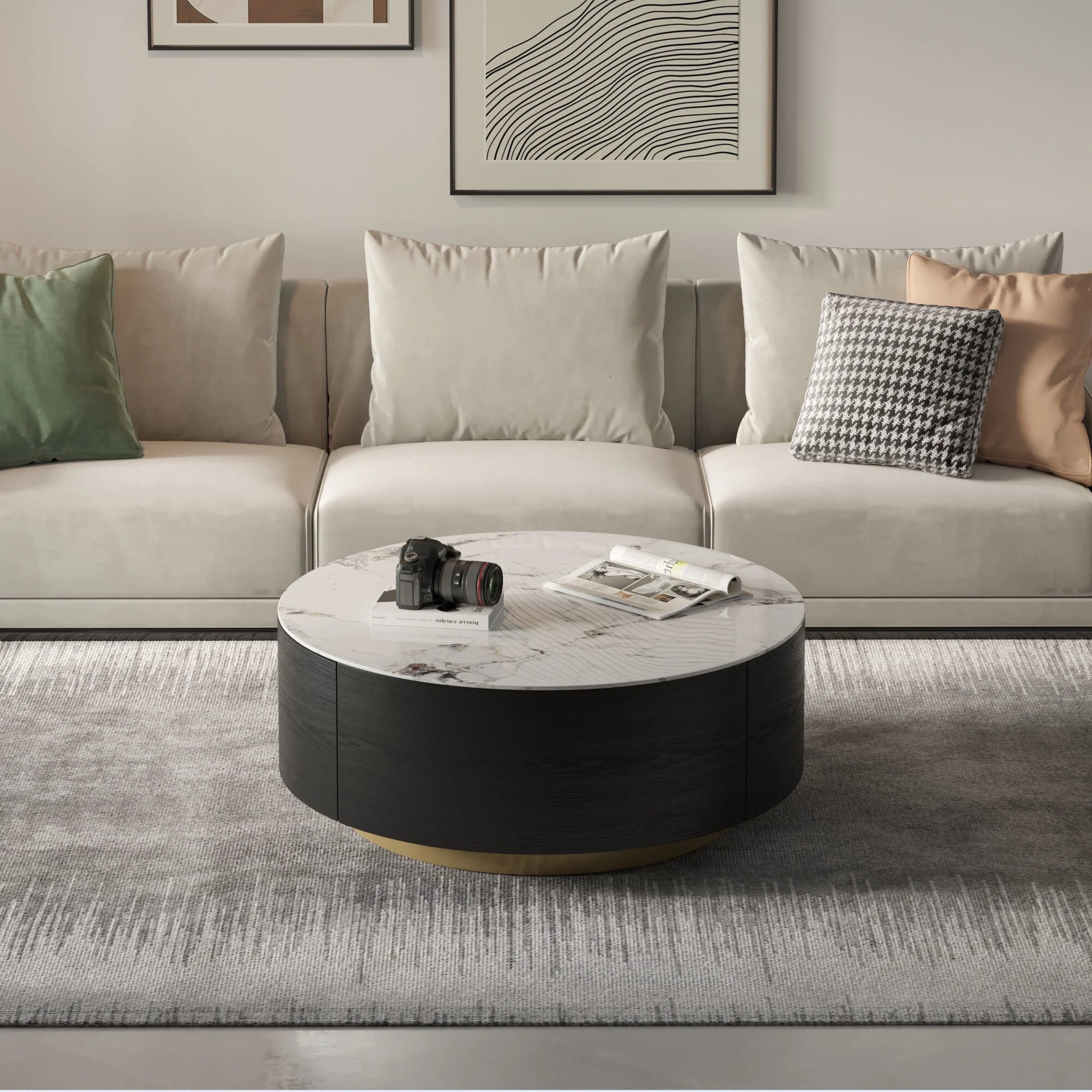 Magic Home Modern round Coffee Table with Two Drawers,Circle Coffee Table Space-Saving Multiple Purpose for Living Room,Dining Room and Home Office,Black White 2 Colors