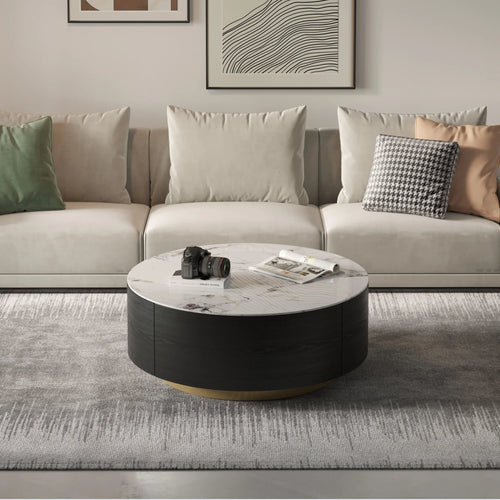 Magic Home Modern round Coffee Table with Two Drawers,Circle Coffee Table Space-Saving Multiple Purpose for Living Room,Dining Room and Home Office,Black White 2 Colors