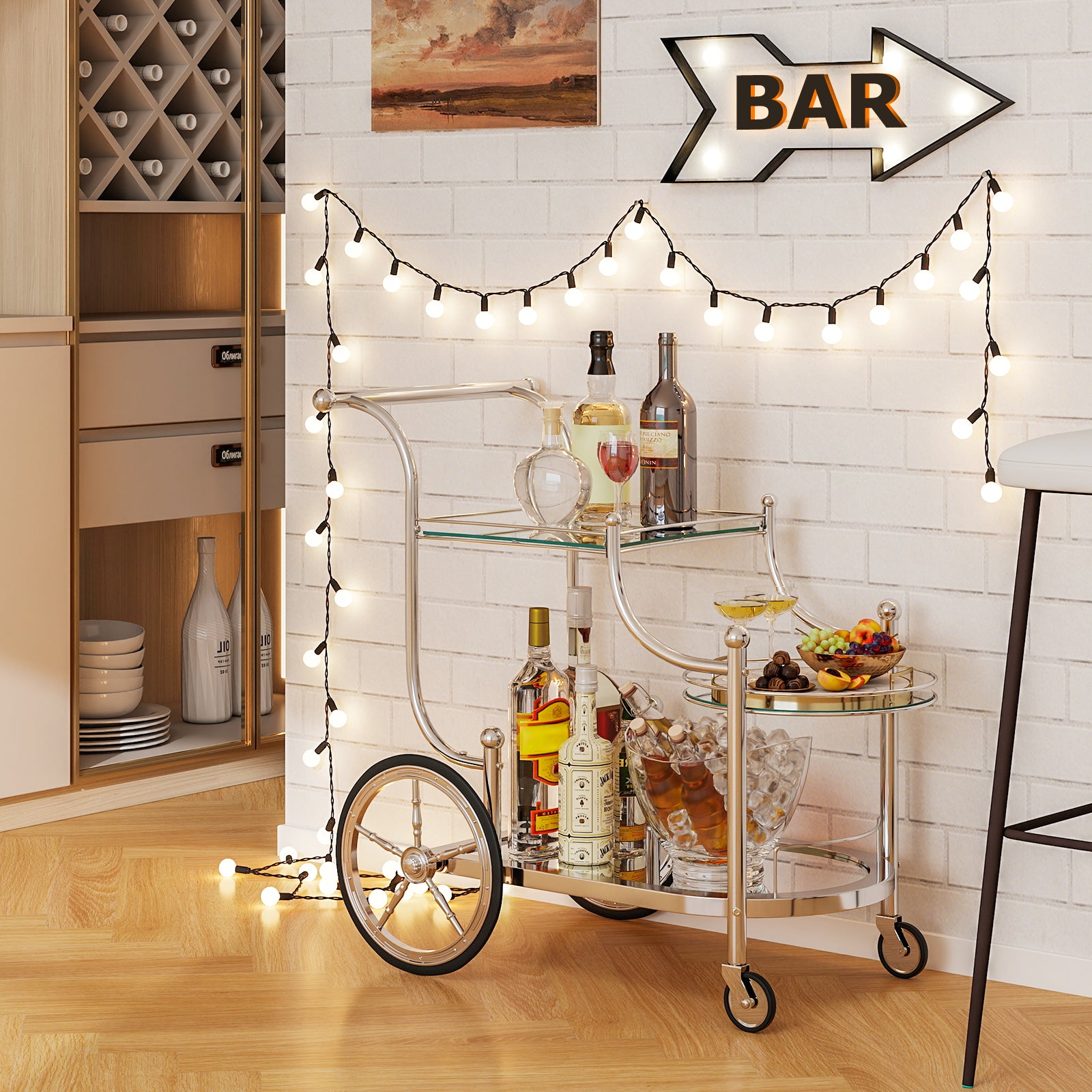 Bar Cart 3-Tier Home Bar Serving Cart on Wheels W/ Mirrored Shelves