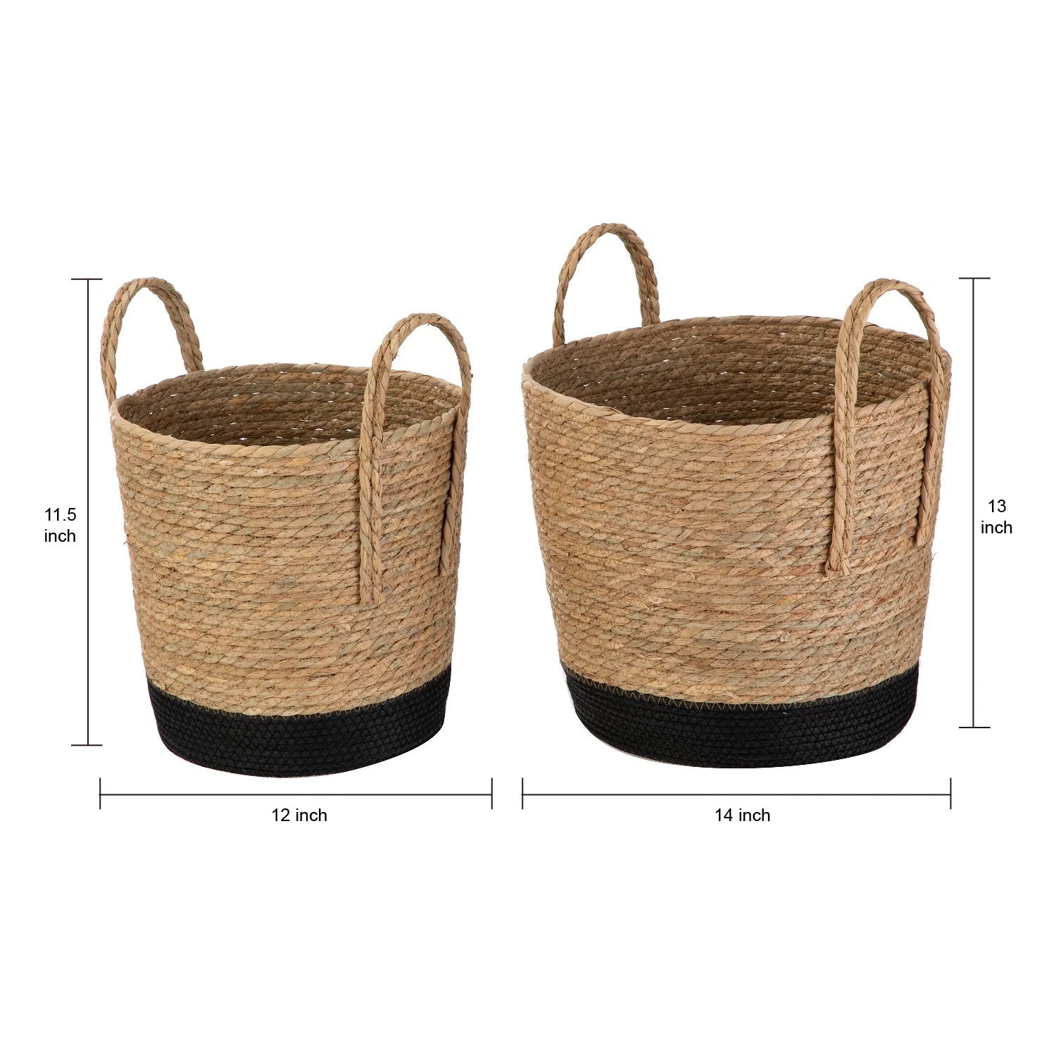 Natural and Black round Rush Baskets, Set of 2