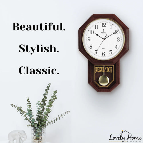Pendulum Wall Clock - Decorative Wood Wall Clock with Pendulum - Schoolhouse Clock Regulator Design, Battery Operated & Silent, Wooden Pendulum Clock 18"X11"