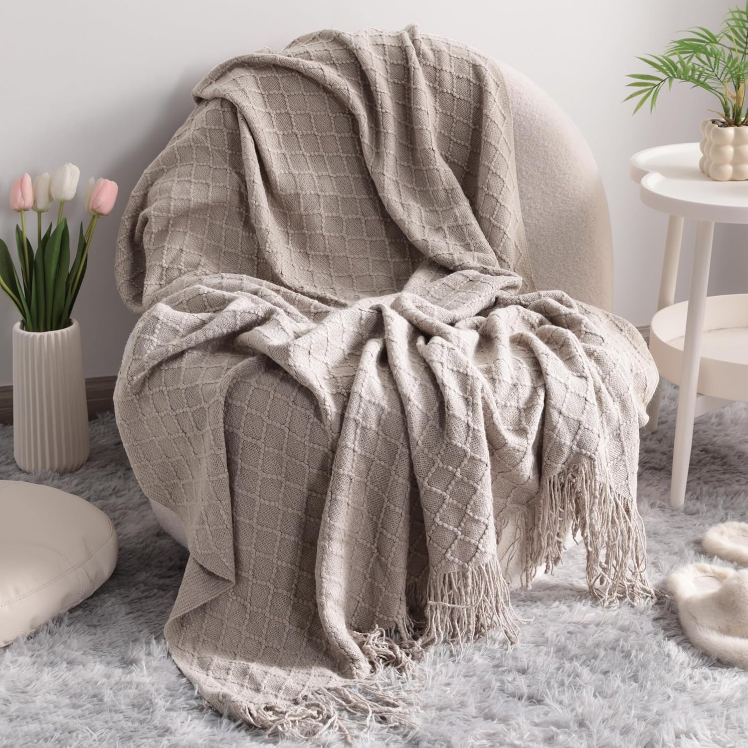 Lightweight Acrylic Knitted Throw Blanket with Tassels - Soft and Cozy Decorative Woven Blanket for Travel, Couch, Bed, and Sofa, 51x67 Inches, Taupe Checkered Design