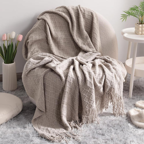 Lightweight Acrylic Knitted Throw Blanket with Tassels - Soft and Cozy Decorative Woven Blanket for Travel, Couch, Bed, and Sofa, 51x67 Inches, Taupe Checkered Design