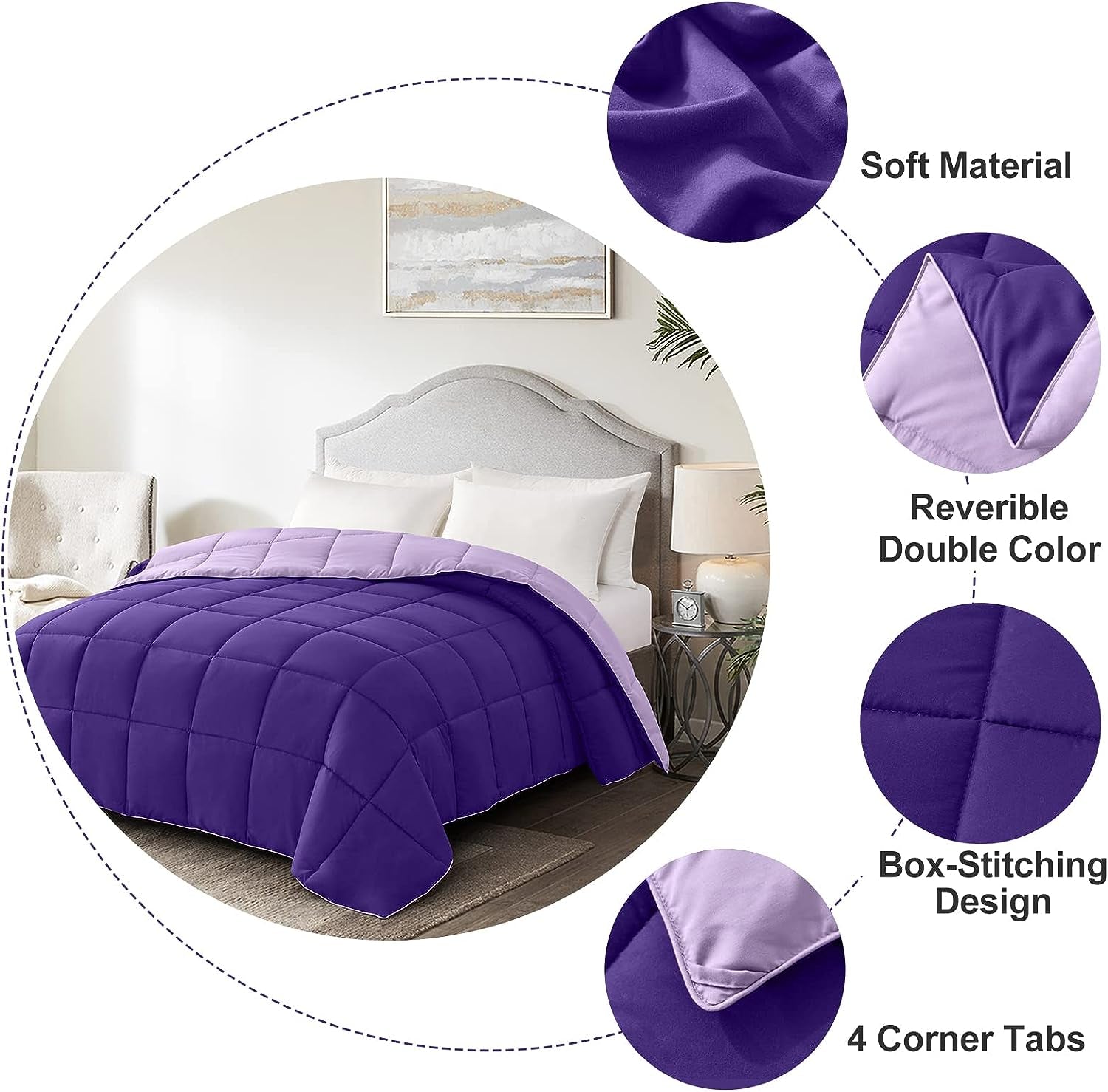 Twin Size Reversible Down Alternative Comforter - Lightweight Quilted Bedding in Plum and Light Purple for All Seasonsp plop