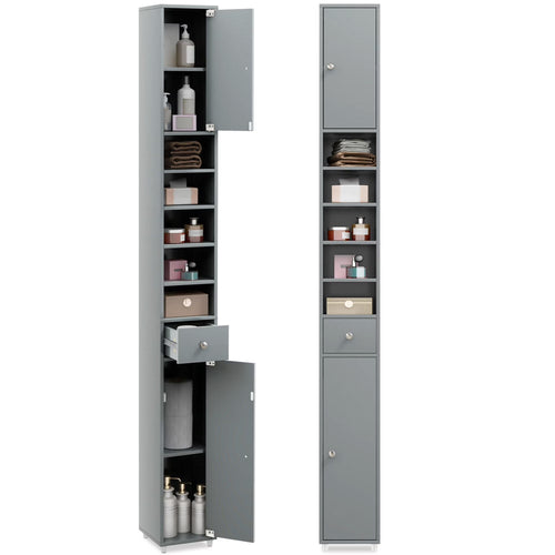 Tall Slim Bathroom Storage Cabinet Linen Tower W/Drawer Adjustable Shelves Gray