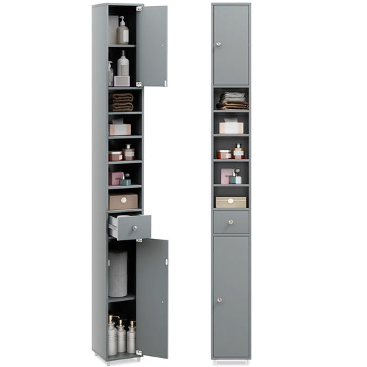 Tall Slim Bathroom Storage Cabinet Linen Tower W/Drawer Adjustable Shelves Gray