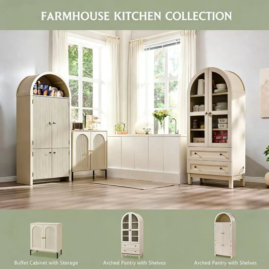 Arched Kitchen Pantry Storage Cabinet, 71" Tall Wood Pantry Shelves with 2 Doors & 2 Large Drawers for Dining Room Living Room