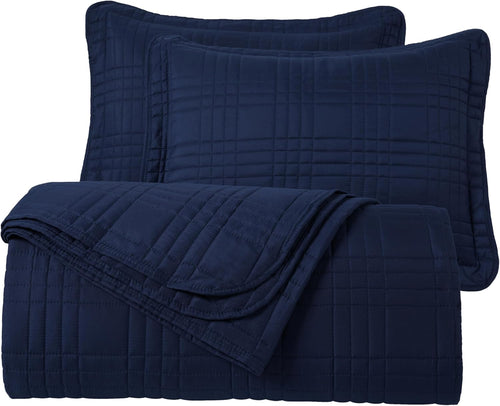 Kingston Oversized Quilted Microfiber Bedspread Set, 3-Piece Navy Queen Size Coverlet (100" x 106") for All Seasons