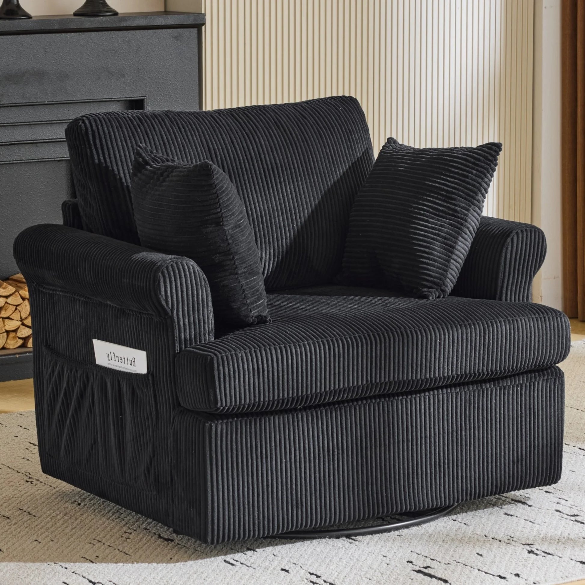 Swivel Accent Chair, 360-Degree Rotation Reading Chair, Corduroy Fabric Sofa with Armrest Pockets, Solid Metal Base, Perfect for Living Room Bedroom Black
