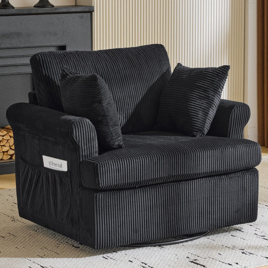 Swivel Accent Chair, 360-Degree Rotation Reading Chair, Corduroy Fabric Sofa with Armrest Pockets, Solid Metal Base, Perfect for Living Room Bedroom Black