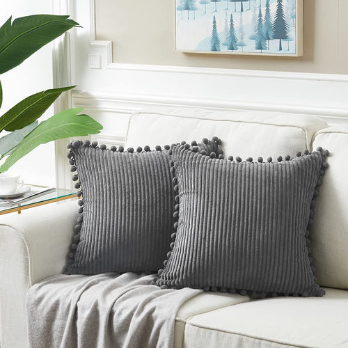 Dark Gray 18x18 Inch Decorative Throw Pillow Covers with Pom Poms, Boho Farmhouse Accent Cushions in Soft Corduroy for Living Room, Couch, and Bed (45x45 cm)