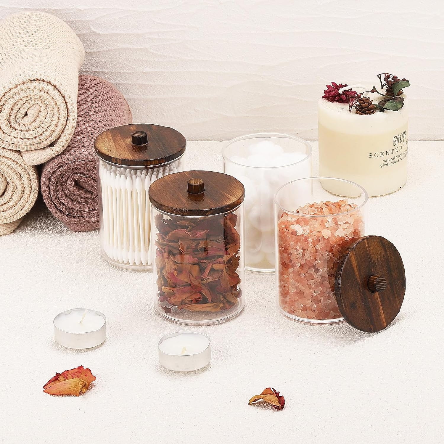 Set of 4 Acrylic Dispensers for Cotton - Elegant Brown Makeup Organizer for Your Vanity