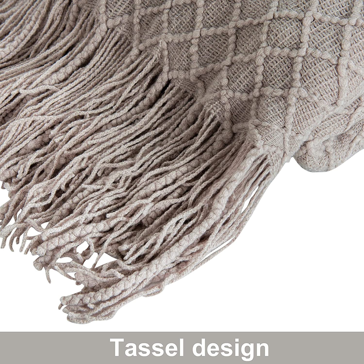 Lightweight Acrylic Knitted Throw Blanket with Tassels - Soft and Cozy Decorative Woven Blanket for Travel, Couch, Bed, and Sofa, 51x67 Inches, Taupe Checkered Design
