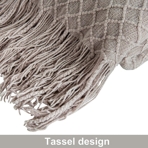 Lightweight Acrylic Knitted Throw Blanket with Tassels - Soft and Cozy Decorative Woven Blanket for Travel, Couch, Bed, and Sofa, 51x67 Inches, Taupe Checkered Design