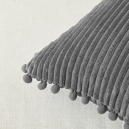 Dark Gray 18x18 Inch Decorative Throw Pillow Covers with Pom Poms, Boho Farmhouse Accent Cushions in Soft Corduroy for Living Room, Couch, and Bed (45x45 cm)