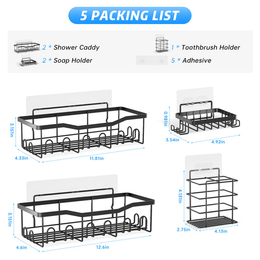 “Stainless Steel Shower Organizer – 5 Shelves, 28 Hooks, Soap & Toothbrush Holders”