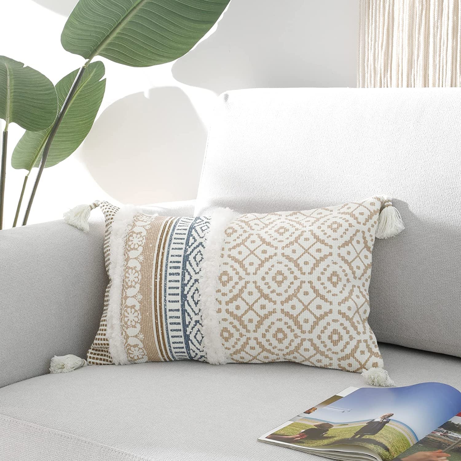 Bohemian Lumbar Decorative Pillow Cover for Couch and Sofa - Modern Moroccan Design with Tassels, Stylish Farmhouse Pillowcase for Bedroom, Living Room, Car, and Hotel, 12 x 20 Inches, Khaki