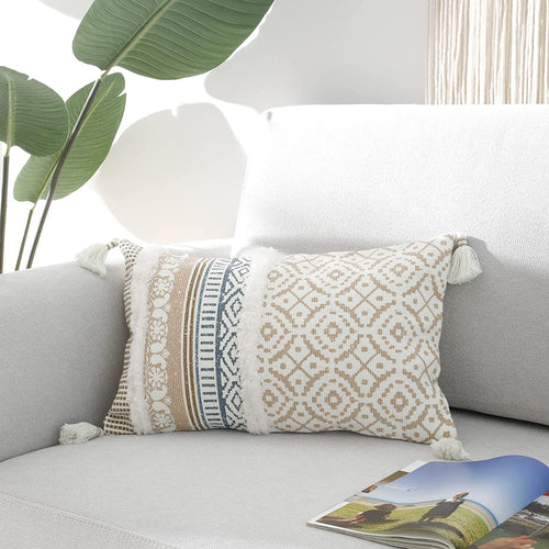 Bohemian Lumbar Decorative Pillow Cover for Couch and Sofa - Modern Moroccan Design with Tassels, Stylish Farmhouse Pillowcase for Bedroom, Living Room, Car, and Hotel, 12 x 20 Inches, Khaki