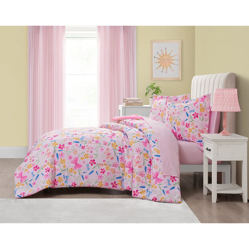 7-Piece Pink Wildflower Polyester Bedding Set for Full-Size Girls