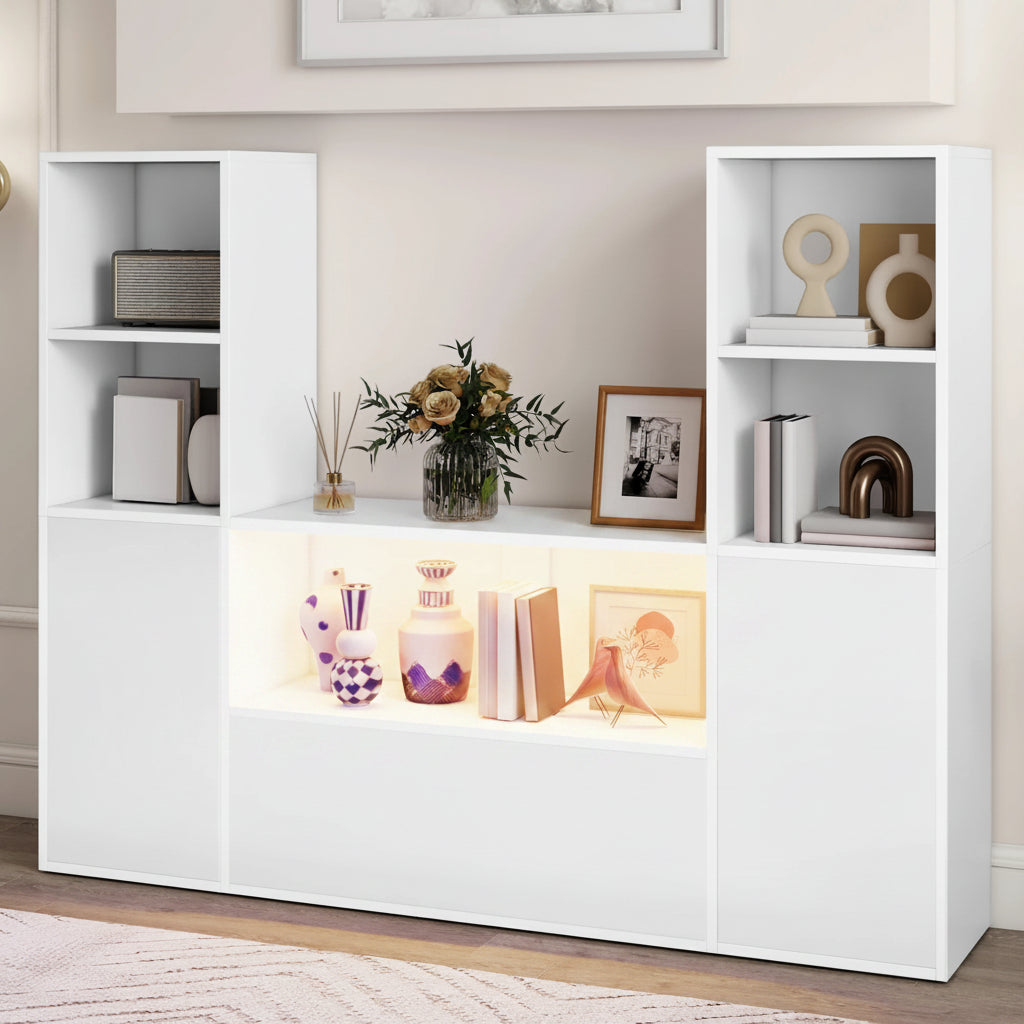 4-Tier U-Shaped Bookcase, Castle Bookshelf with Cabinet &LED Light, Cube Storage Organizer, White