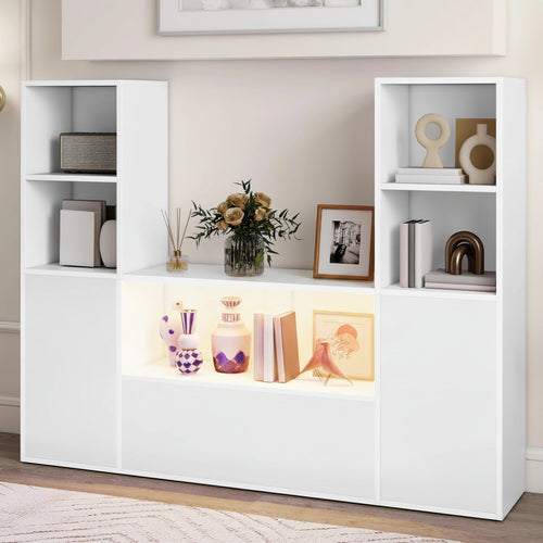 4-Tier U-Shaped Bookcase, Castle Bookshelf with Cabinet &LED Light, Cube Storage Organizer, White