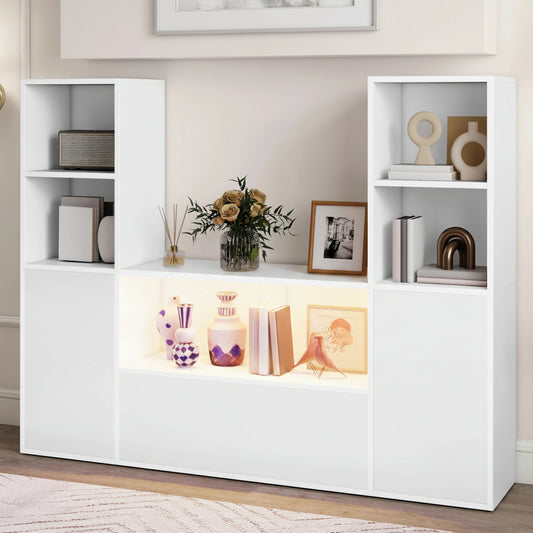 4-Tier U-Shaped Bookcase, Castle Bookshelf with Cabinet &LED Light, Cube Storage Organizer, White
