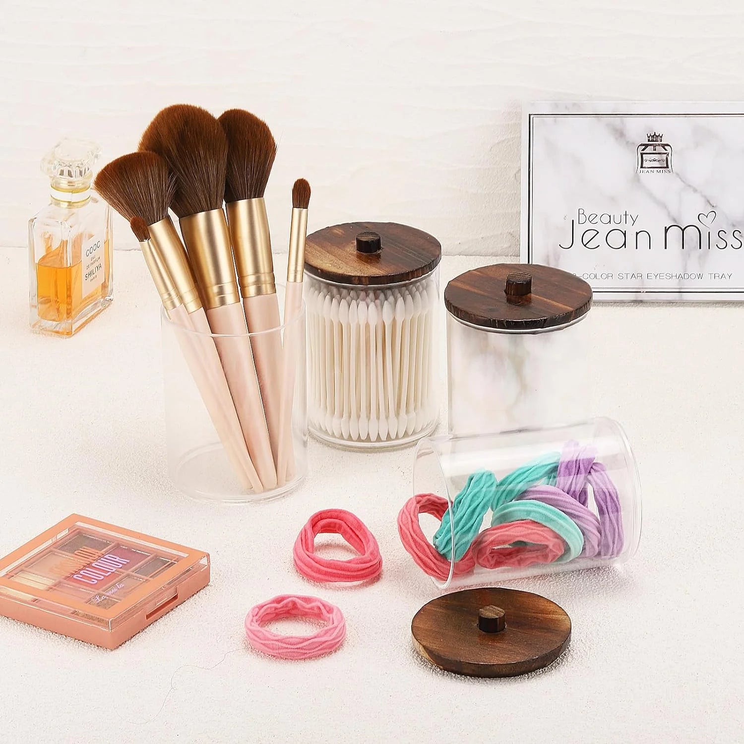 Set of 4 Acrylic Dispensers for Cotton - Elegant Brown Makeup Organizer for Your Vanity