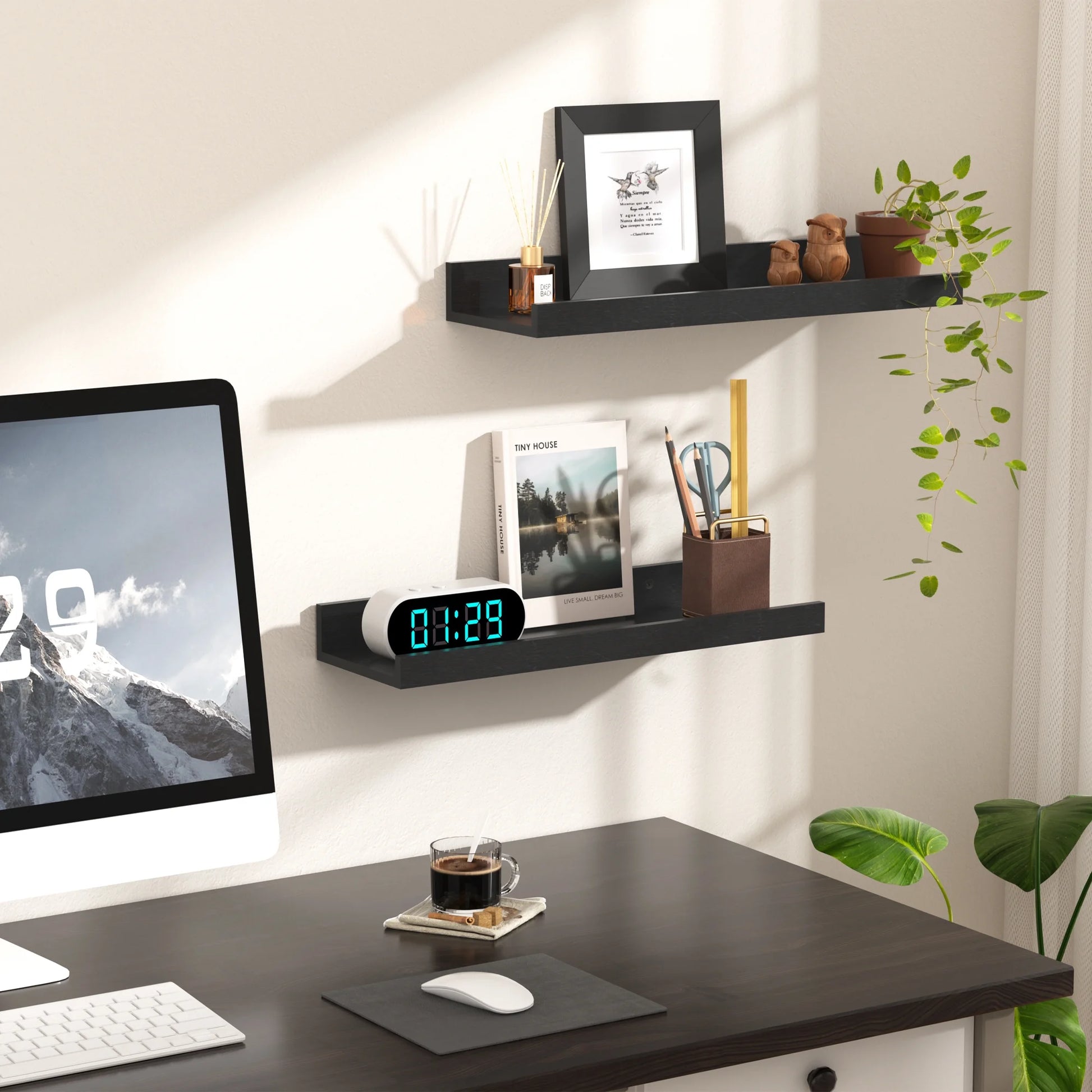 16Inch Floating Shelves for Wall, Wall Shelves for Decor Storage, Wall Mounted Wood Shelves for Bedroom, Living Room, Bathroom, Kitchen, Picture Ledge Shelves, 5 Pack, Black