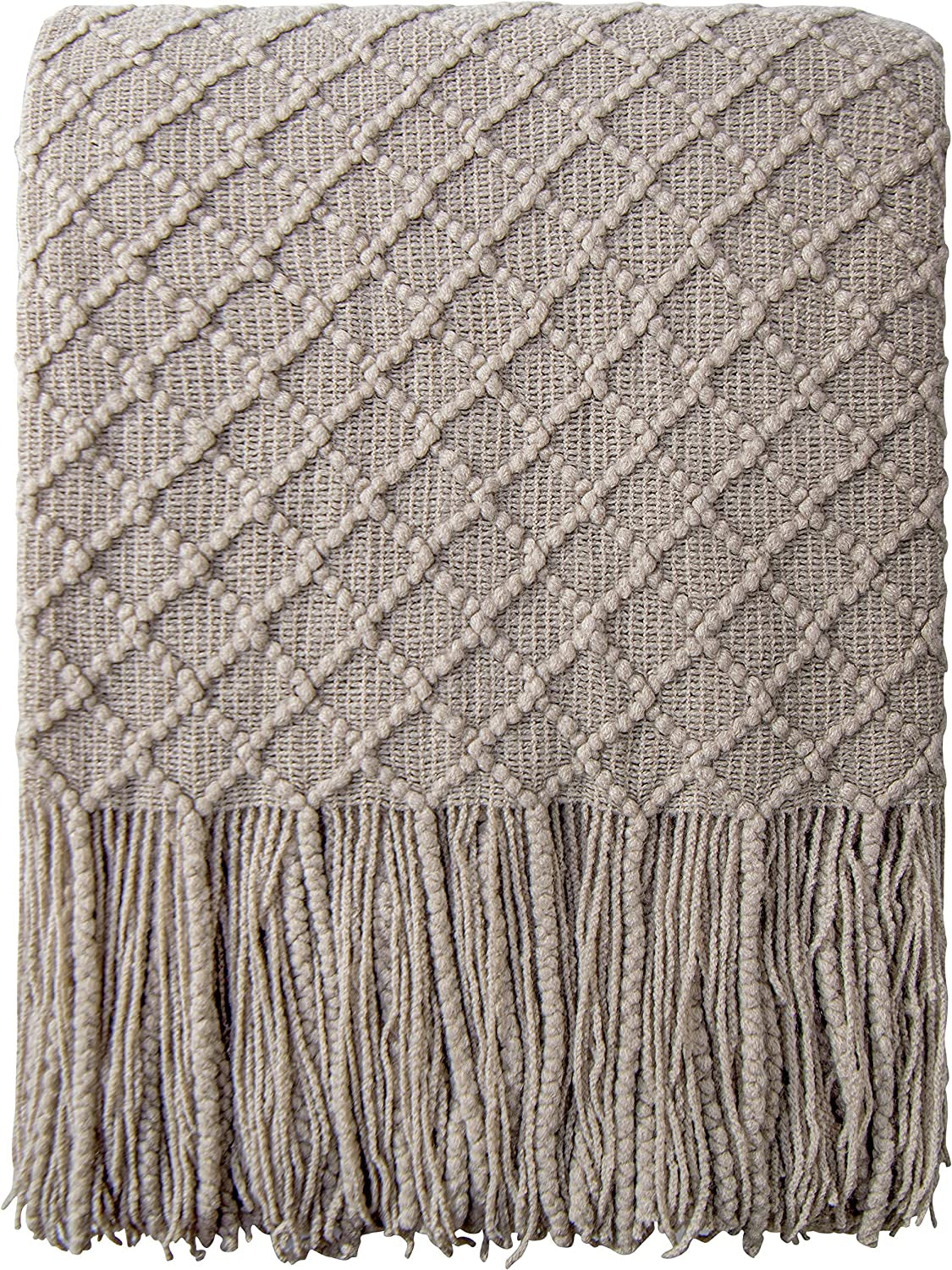 Lightweight Acrylic Knitted Throw Blanket with Tassels - Soft and Cozy Decorative Woven Blanket for Travel, Couch, Bed, and Sofa, 51x67 Inches, Taupe Checkered Design