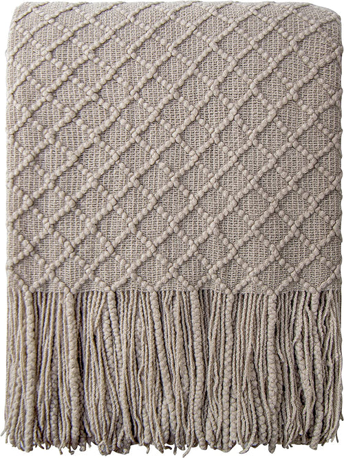 Lightweight Acrylic Knitted Throw Blanket with Tassels - Soft and Cozy Decorative Woven Blanket for Travel, Couch, Bed, and Sofa, 51x67 Inches, Taupe Checkered Design