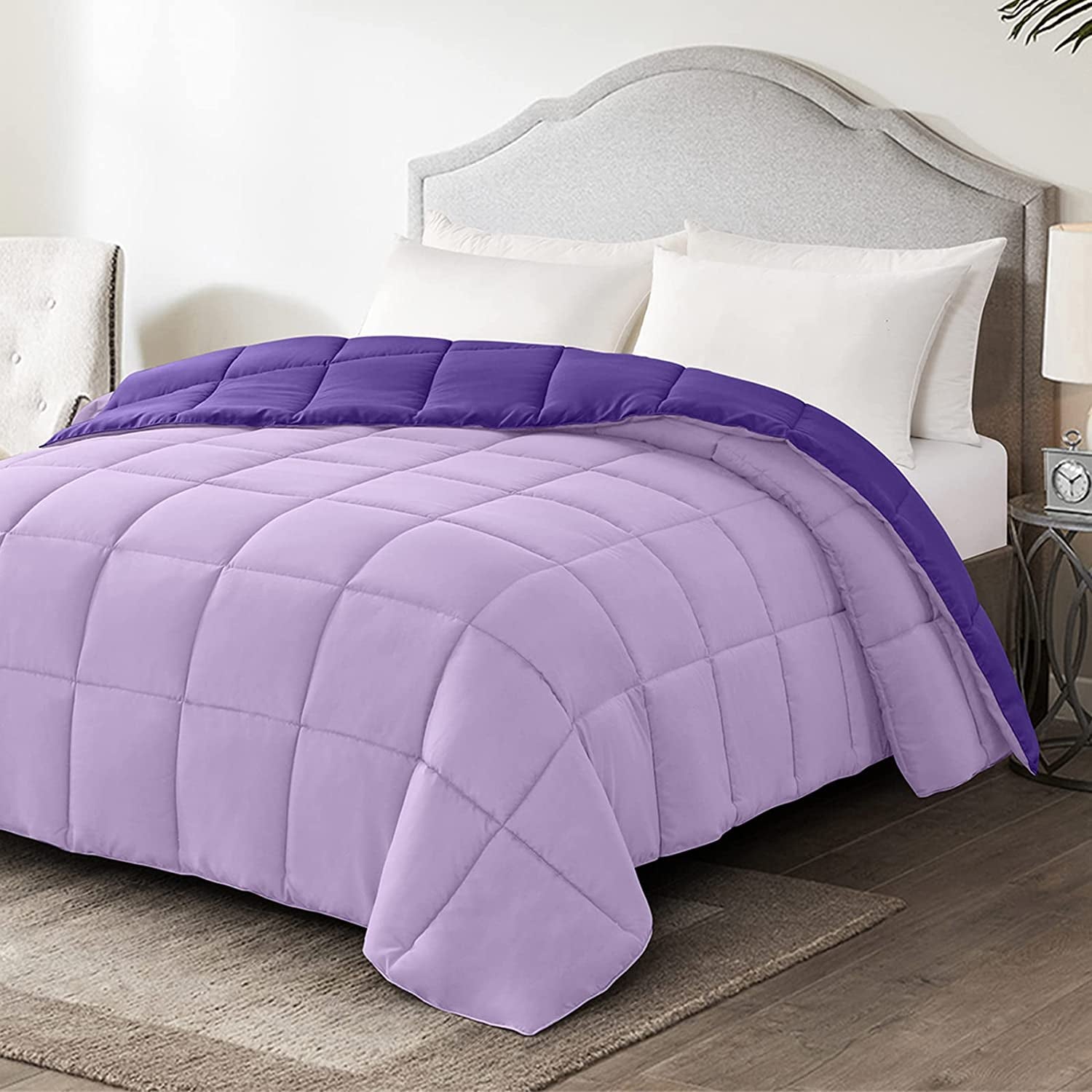 Twin Size Reversible Down Alternative Comforter - Lightweight Quilted Bedding in Plum and Light Purple for All Seasonsp plop