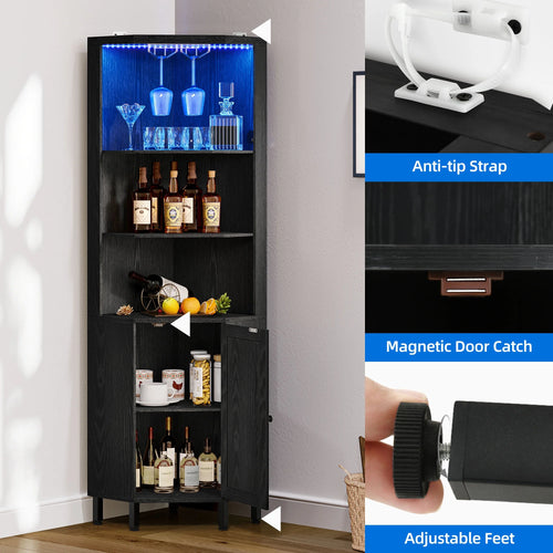 67" Corner Bar Cabinet with LED Lights, Wine Glass Holder & Storage Shelves, Black